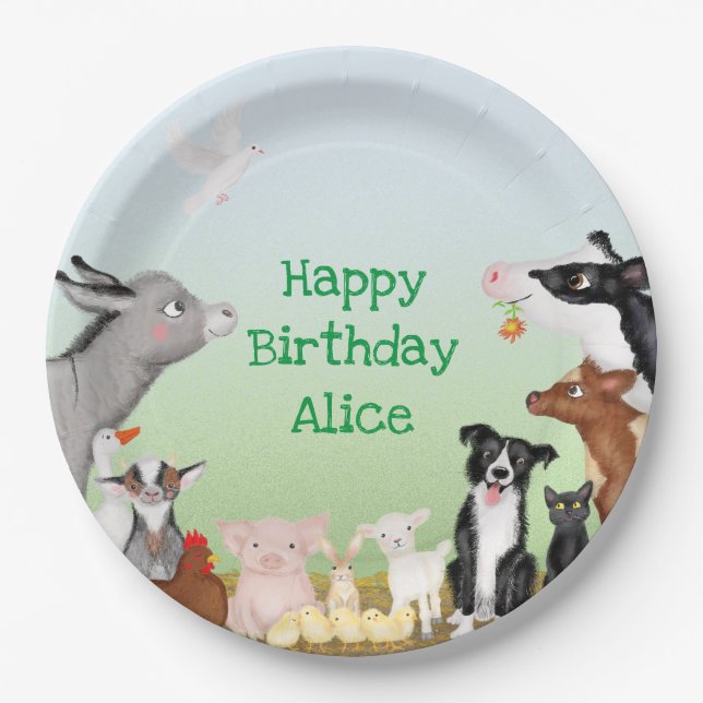Cute farm animals birthday party round paper plate (Front)