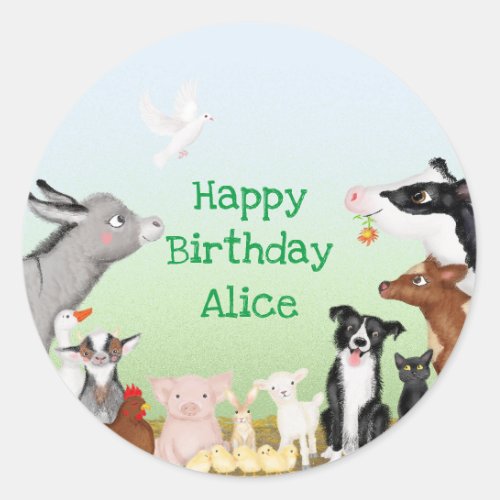 Cute farm animals birthday party round stickers