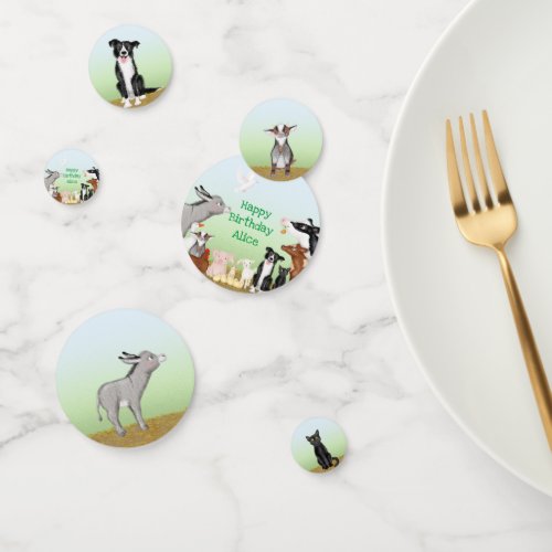 Cute farm animals birthday party table confetti