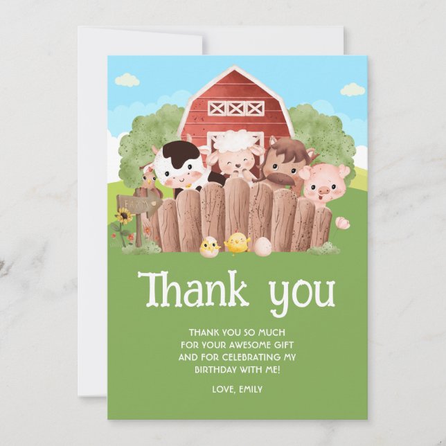 Cute Farm Animals Birthday  Thank You Card (Front)