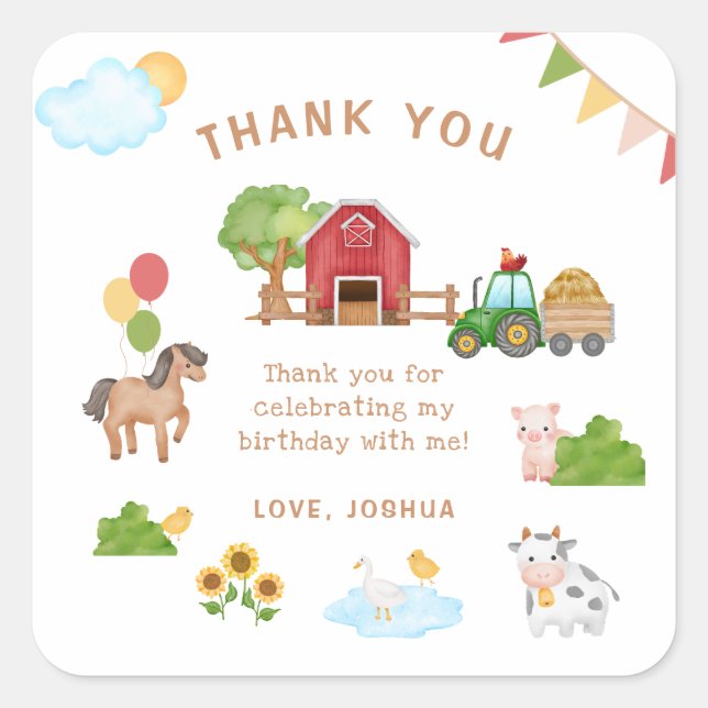 Cute Farm Animals Birthday Thank You Favor Sticker (Front)