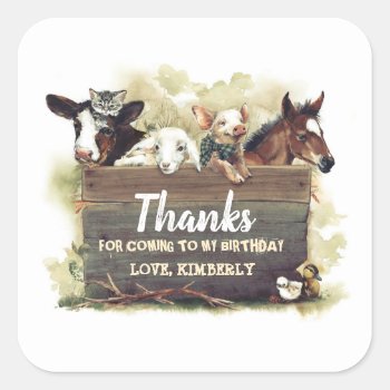 Cute Farm Animals Birthday Thank You Square Sticker by lovelywow at Zazzle