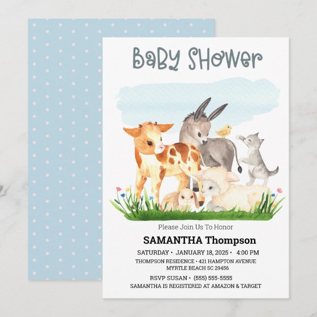 Cute Farm Animals Blue Boys Baby Shower Invitation (Front/Back)