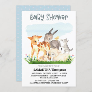 Cute Farm Animals Blue Boys Baby Shower Invitation