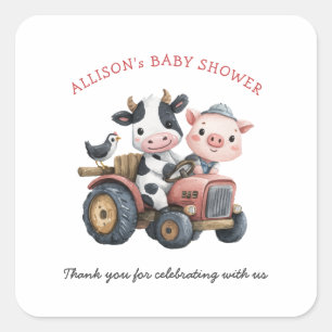 Cute Farm Animals Cow Pig Baby Shower Square Sticker
