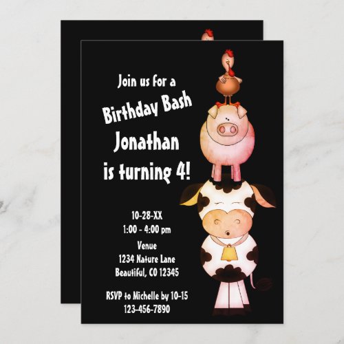 Cute Farm Animals Cow Pig Rooster Birthday Invitation
