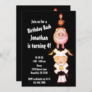 Cute Farm Animals Cow, Pig, Rooster Birthday Invitation