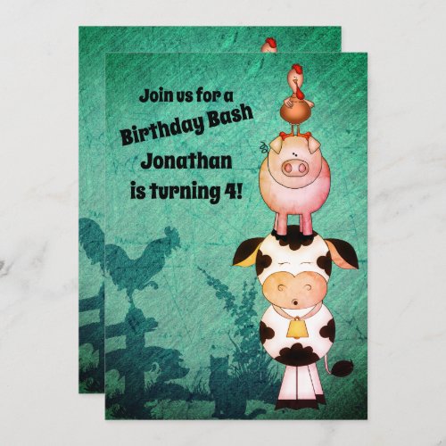 Cute Farm Animals Cow Pigs Roosters Birthday Invitation