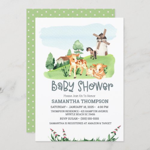 Cute Farm Animals Green Boys Baby Shower   Invitation