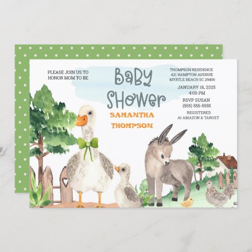 Cute Farm Animals Green Boys Baby Shower   Invitation