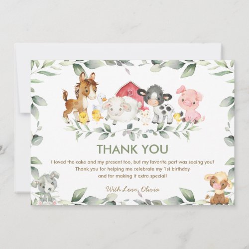 Cute Farm Animals Greenery Baby Shower Birthday Thank You Card