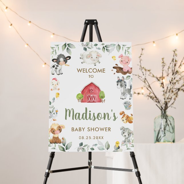 Cute Farm Animals Greenery Baby Shower Welcome Foam Board (In Situ (Stand))