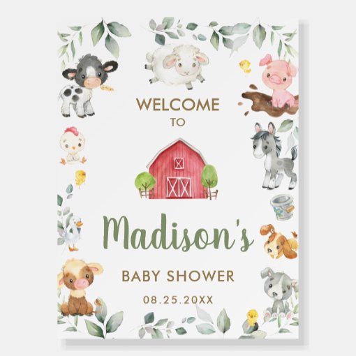 Cute Farm Animals Greenery Baby Shower Welcome Foam Board | Zazzle