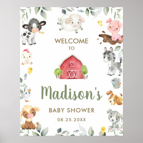 Cute Farm Animals Greenery Baby Shower Welcome  Poster