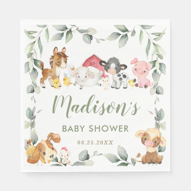 Cute Farm Animals Greenery Birthday Baby Shower Napkins (Front)