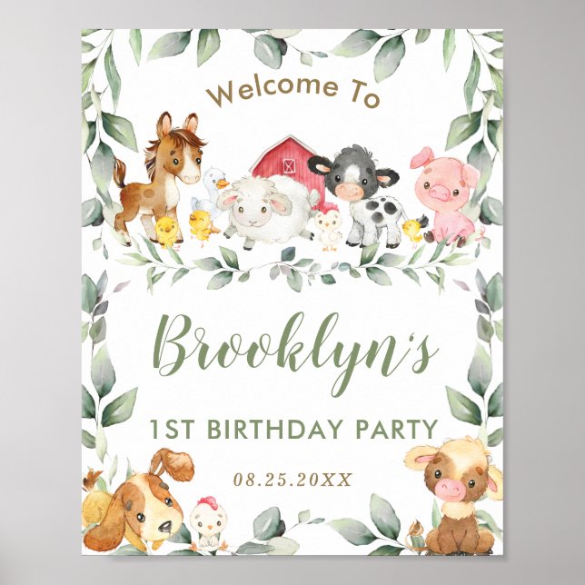 Cute Farm Animals Greenery Birthday Welcome Poster (Front)