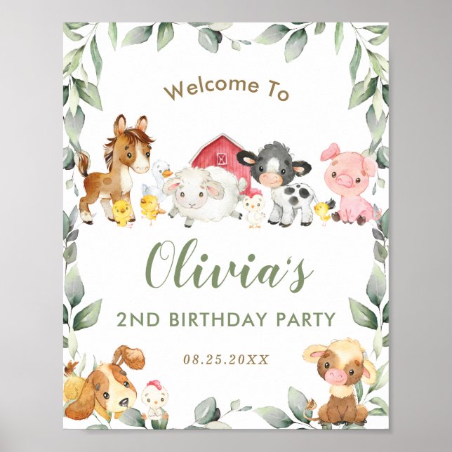 Cute Farm Animals Greenery Birthday Welcome Sign (Front)