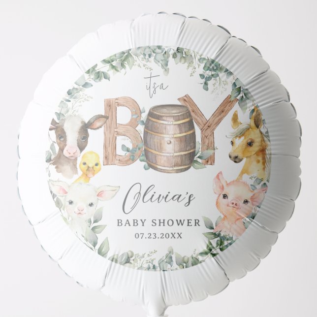 Cute Farm Animals Greenery Boy Barn Baby Shower  Balloon (Front)