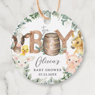 Cute Farm Animals Greenery Boy Barn Baby Shower Favor Tags