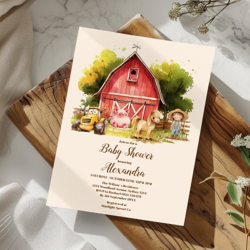 Cute Farm Animals Greenery Boy Barn Baby Shower Invitation