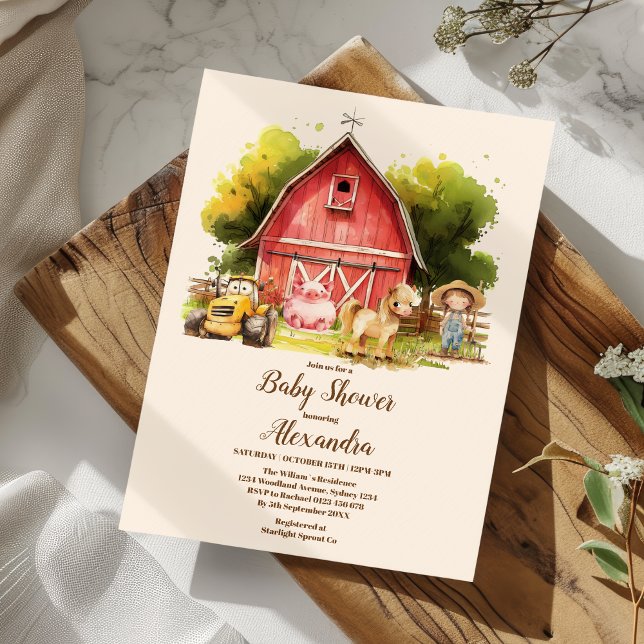 Cute Farm Animals Greenery Boy Barn Baby Shower Invitation (Creator Uploaded)