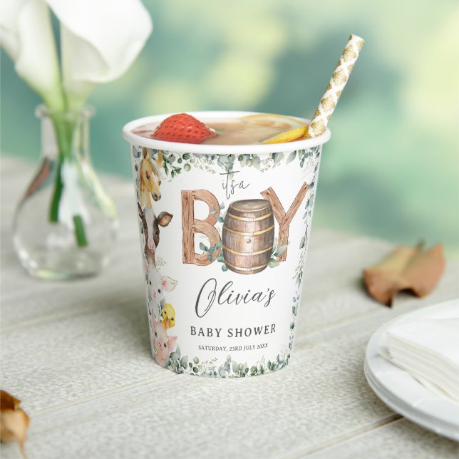 Cute Farm Animals Greenery Boy Barn Baby Shower  Paper Cups (Insitu)