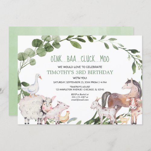 Cute farm animals greenery boy birthday party invitation