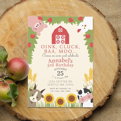 Cute Farm Animals Kids Birthday  Invitation