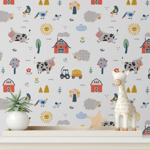 Cute Farm Animals Kids Pattern Wallpaper