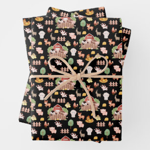 Cute Farm Animals on Black Wrapping Paper Sheets