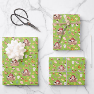 Cute Farm Animals on Bright Green Wrapping Paper Sheets