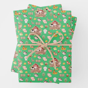 Cute Farm Animals on Green Wrapping Paper Sheets