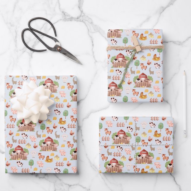 Cute Farm Animals on Pale Blue Wrapping Paper Sheets (Front)