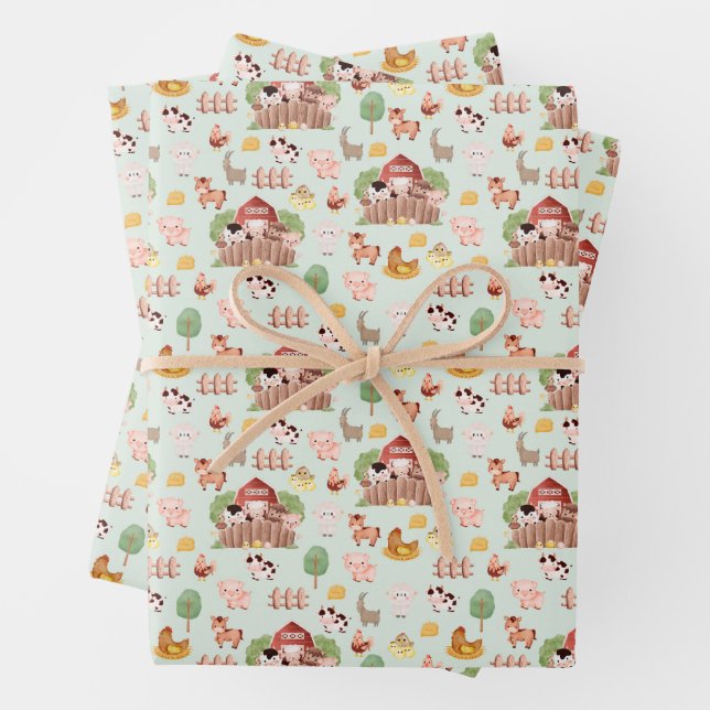 Cute Farm Animals on Pale Green Wrapping Paper Sheets (In situ)