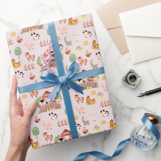 Cute Farm Animals on Pale Pink Wrapping Paper (Gifting)