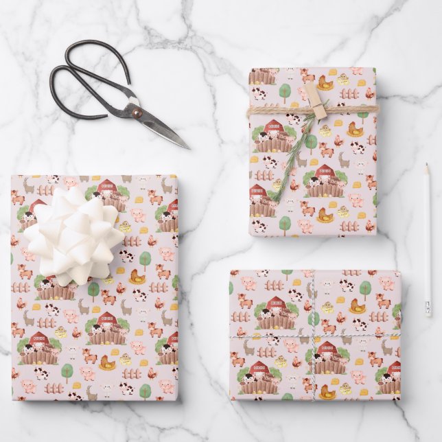 Cute Farm Animals on Pale Pink Wrapping Paper Sheets (Front)
