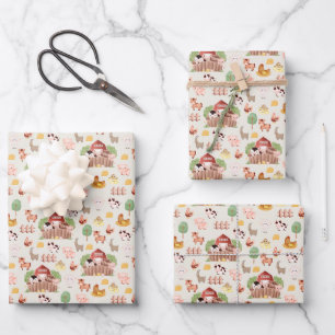 Cute Farm Animals on Pale Yellow Wrapping Paper Sheets