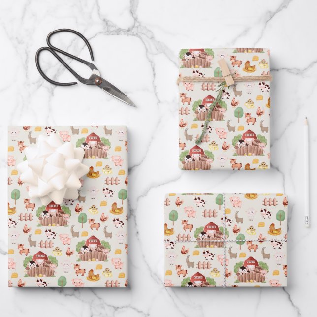 Cute Farm Animals on Pale Yellow Wrapping Paper Sheets (Front)