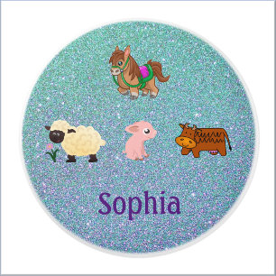 Cute Farm Animals on Teal Blue Glitter Ceramic Knob