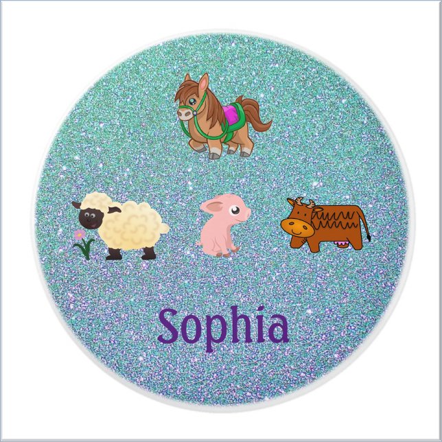 Cute Farm Animals on Teal Blue Glitter Ceramic Knob (Creator Uploaded)