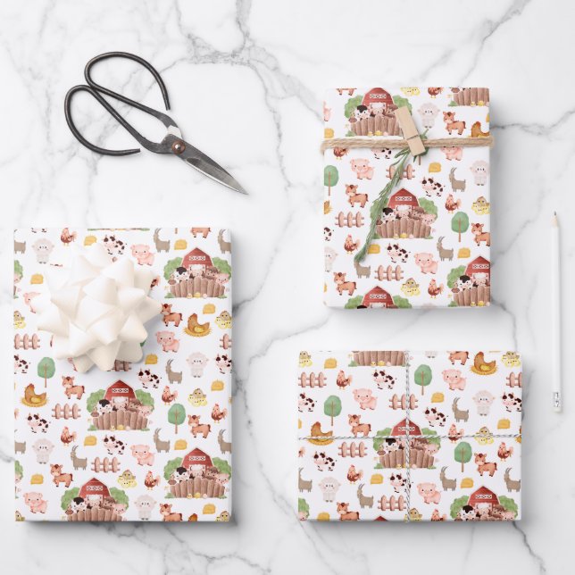 Cute Farm Animals on White Wrapping Paper Sheets (Front)