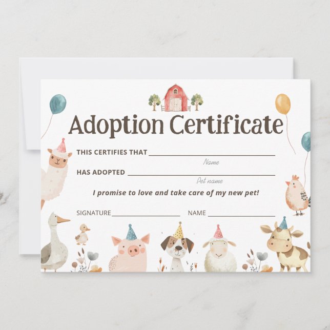 Cute Farm Animals Party Adoption Certificate Card (Front)