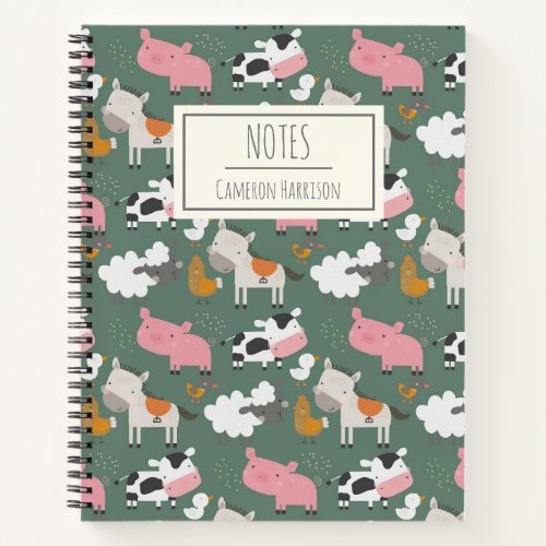 Cute Farm Animals Pattern in Green Personalized Notebook