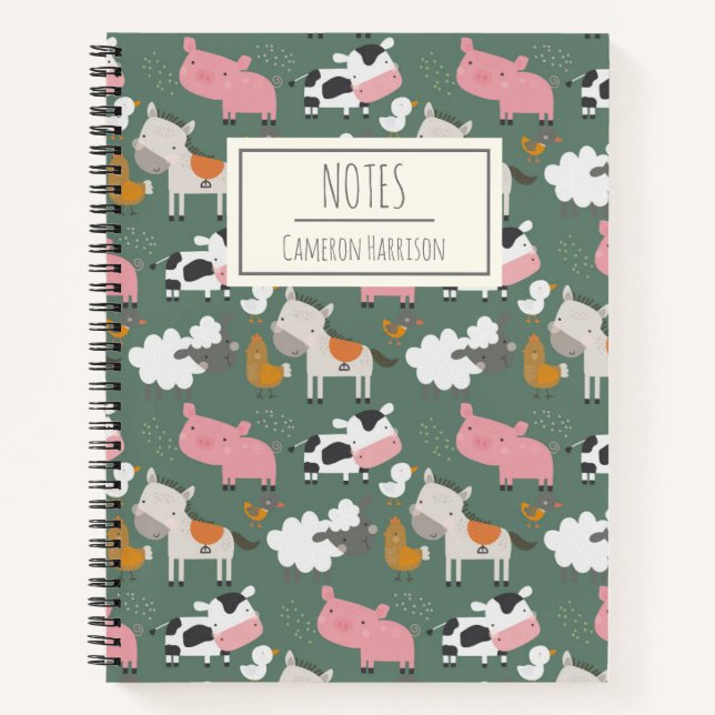Cute Farm Animals Pattern in Green Personalized Notebook (Front)