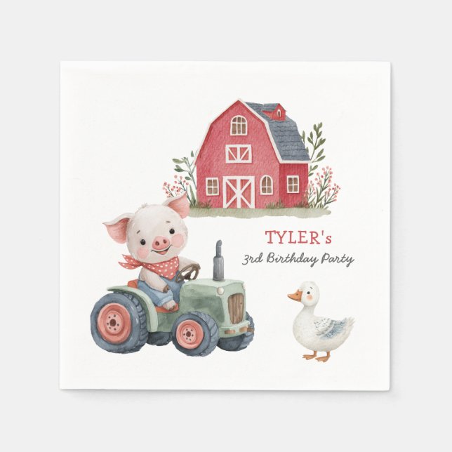 Cute Farm Animals Pig Birthday Party Napkins (Front)