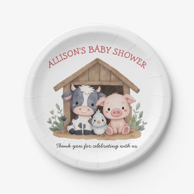 Cute Farm Animals Pig Cow Baby Shower Paper Plates (Front)