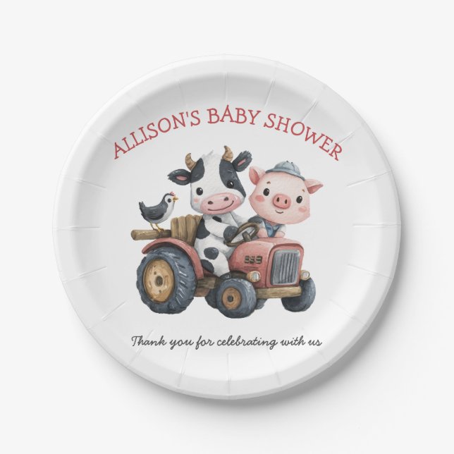 Cute Farm Animals Pig Cow Barnyard Baby Shower Paper Plates (Front)