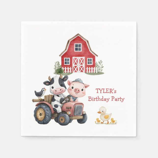 Cute Farm Animals Pig Cow Birthday Party Napkins (Front)