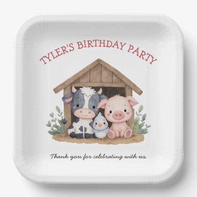 Cute Farm Animals Pig Cow Birthday Party Paper Plates (Front)