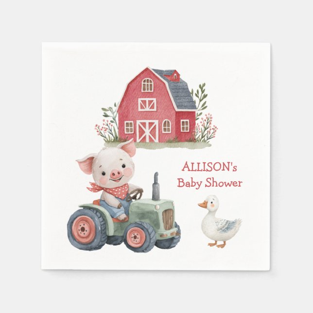 Cute Farm Animals Pig Tractor Baby Shower Napkins (Front)